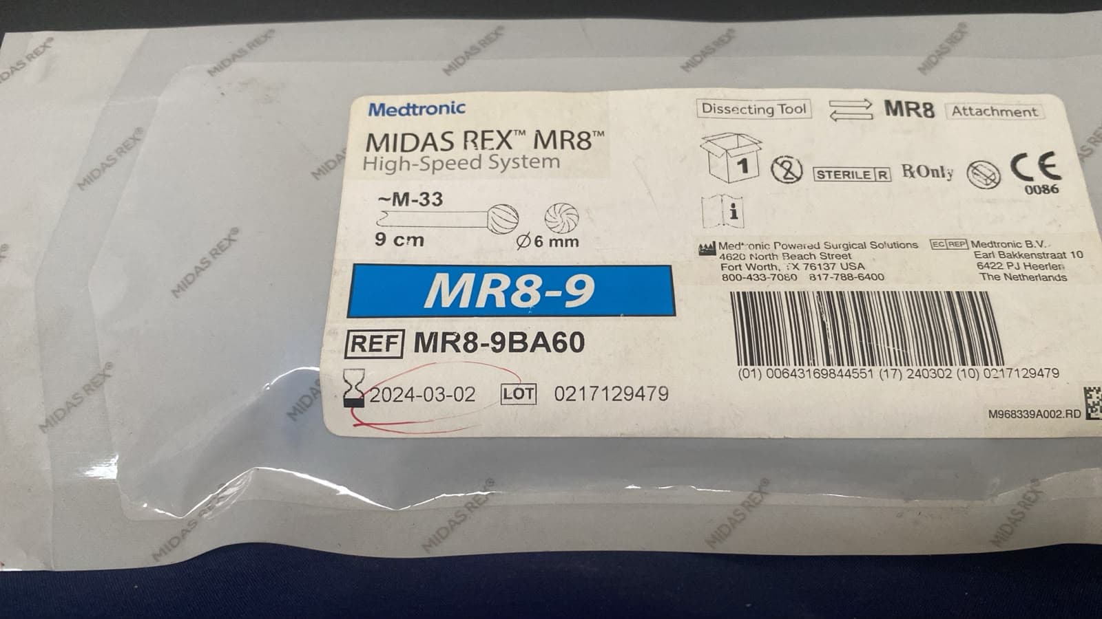 Fresa de disección Midas Rex MR8, punta de bola fresada 6 mm × 9 cm (un solo uso, estéril)